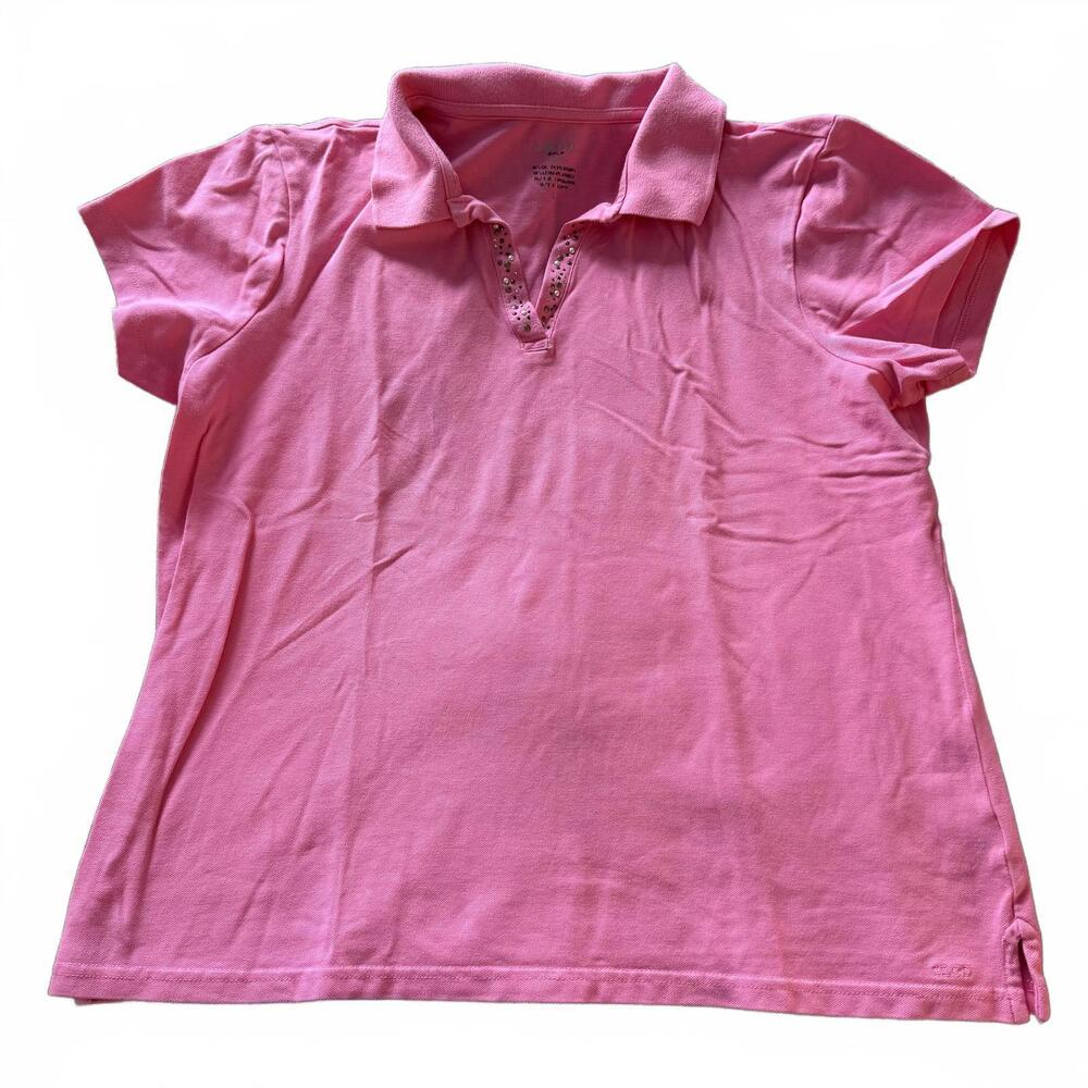 IZOD Womens Pink Embellished Vneck Collared Cotton Blend Golf Shirt SZ L‎ Preppy